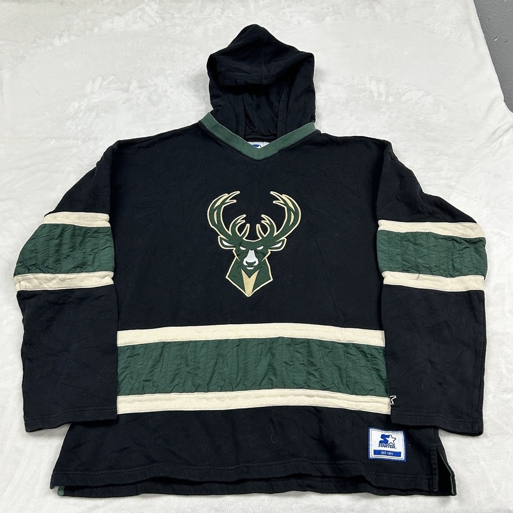 Starter Milwaukee Bucks Hoodie Mens XXL Black Green Jersey Style Pullover NBA